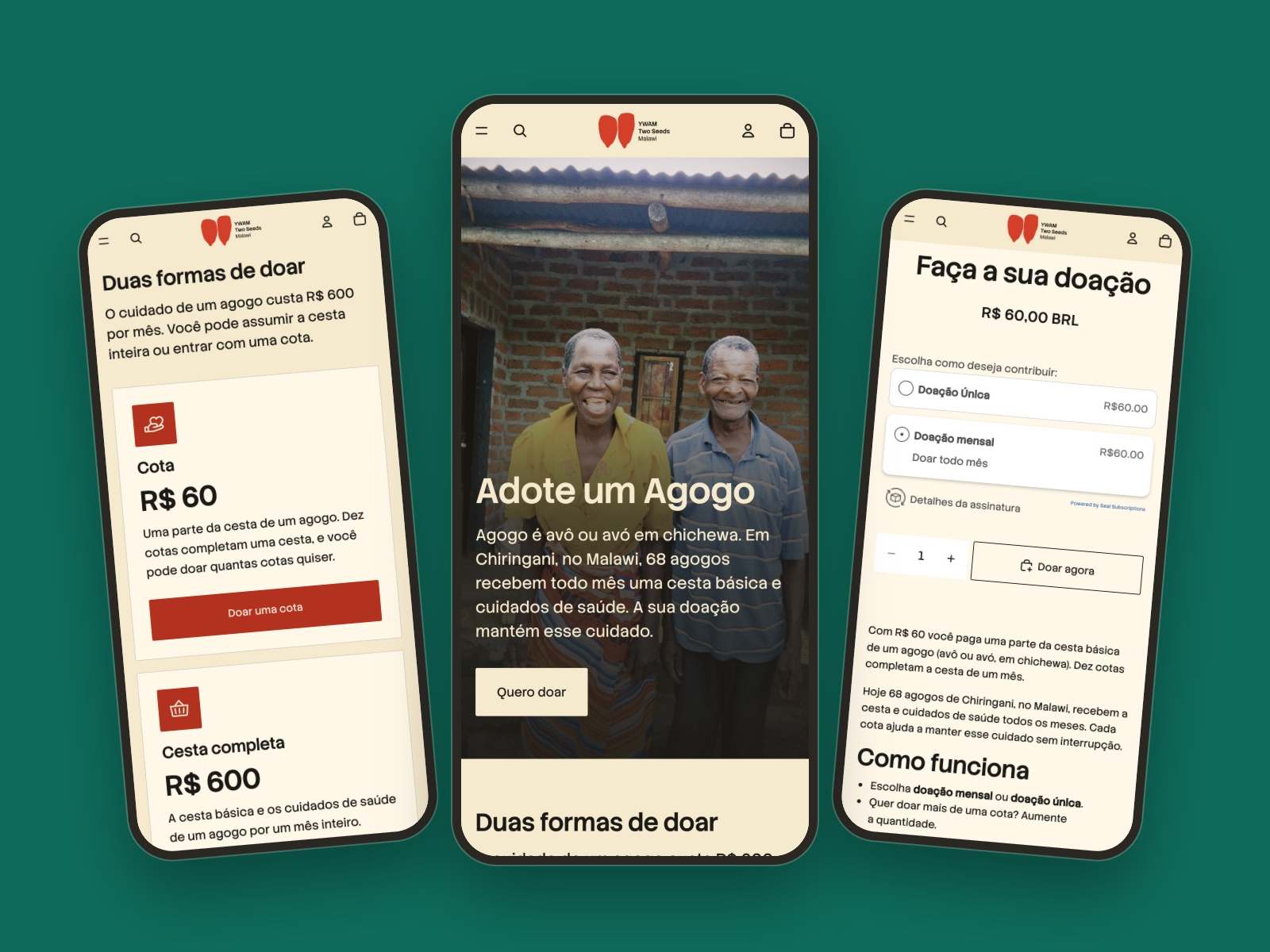 Three phones show the new store: the home screen with two smiling agogos and the title Adote um Agogo, the two ways to give, and the choice between a one-time and a monthly donation