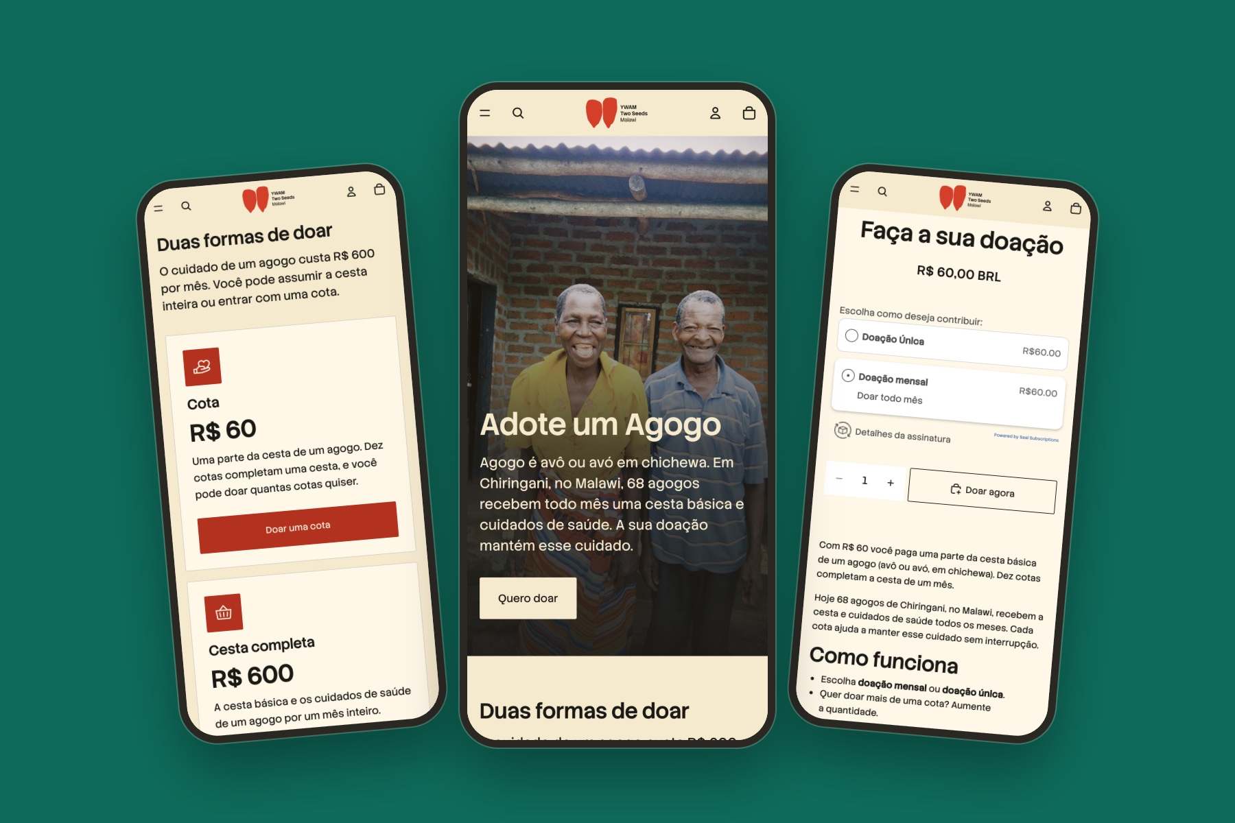 Três celulares mostram a loja nova: a tela inicial com dois agogos sorrindo e o título Adote um Agogo, as duas formas de doar e a escolha entre doação única e mensal
