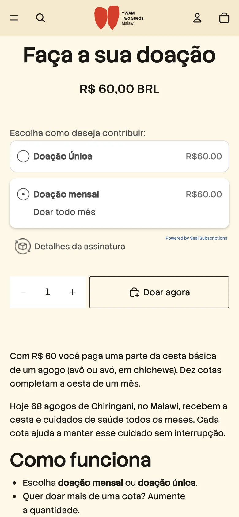 Tela da cota na loja, com as opções Doação única e Doação mensal e o botão Doar agora