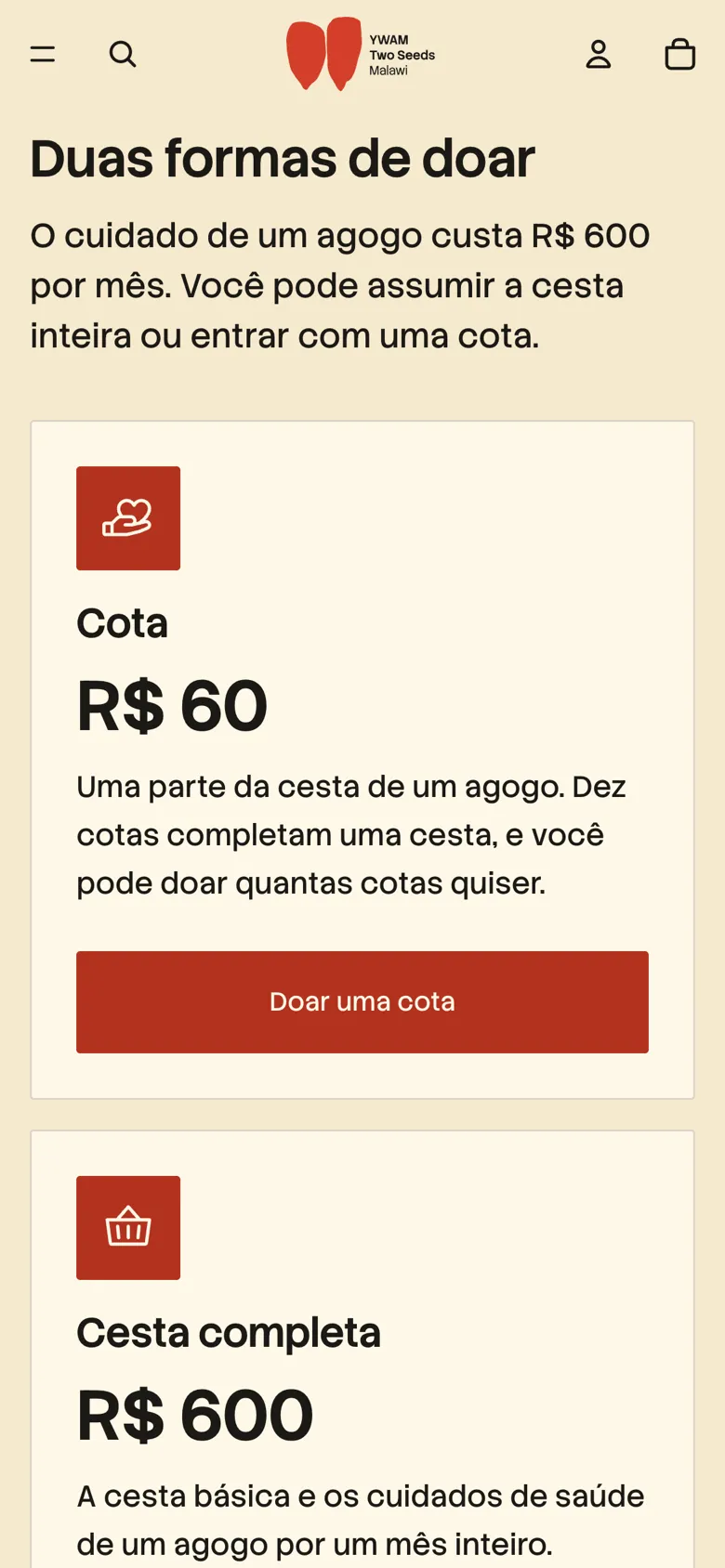 Tela da loja com as duas formas de doar: cota de R$ 60 e cesta completa de R$ 600, cada uma com o seu botão